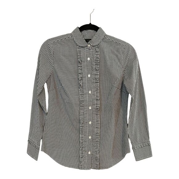 J Crew Collection Women’s Ruffle Front Checked Gingham Button Up Shirt Sz 0 - Picture 1 of 5